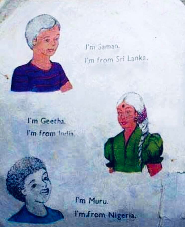 A page from Grade 3 English Text book in Srilanka, in which Muru introduces himself along with others. 